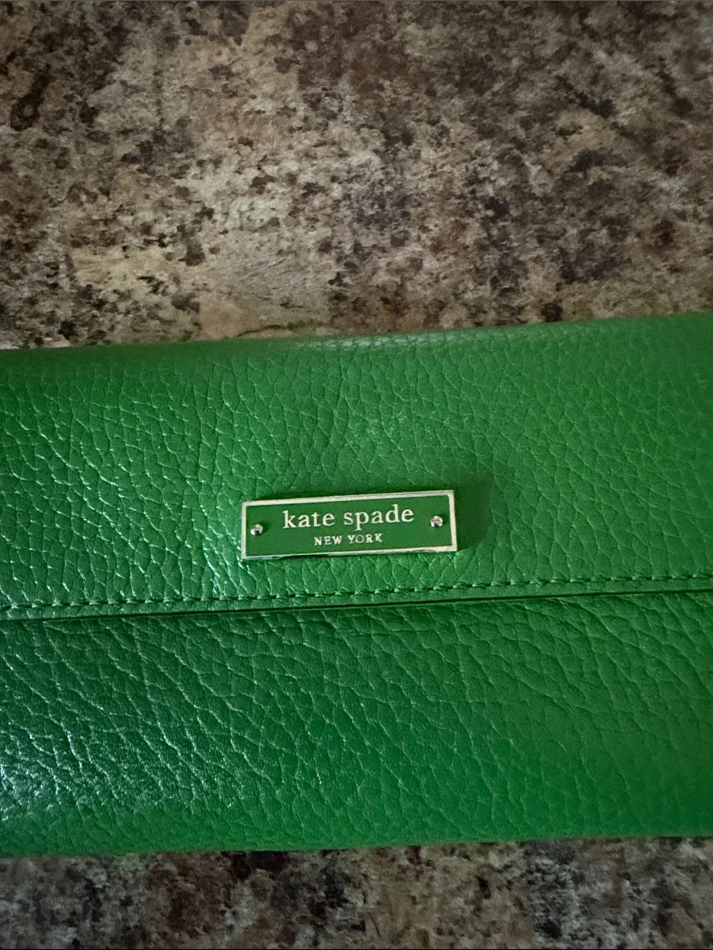 kate spade Bright Green Pebbled Leather Wallet with Gold Plaque